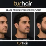 Beard and mustache transplant before and after results showing natural full beard transformation by Turhair