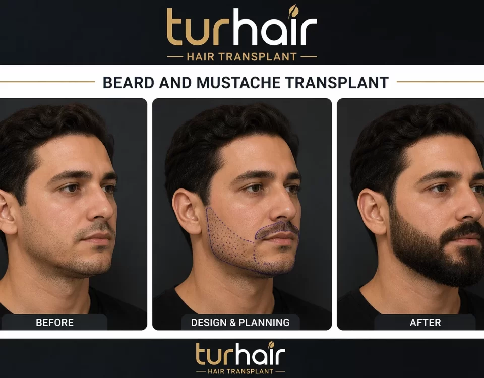 Beard and mustache transplant before and after results showing natural full beard transformation by Turhair