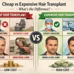 Cheap vs expensive hair transplant comparison showing differences in surgeon expertise, clinic quality, results, and cost