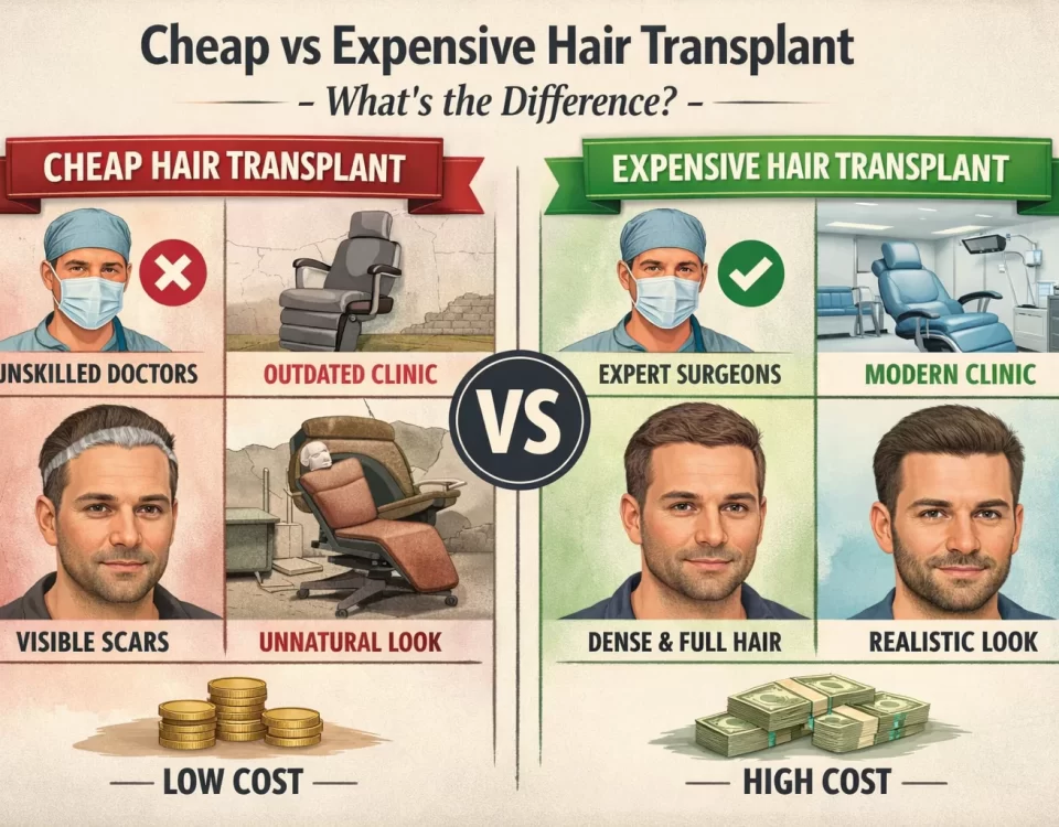 Cheap vs expensive hair transplant comparison showing differences in surgeon expertise, clinic quality, results, and cost