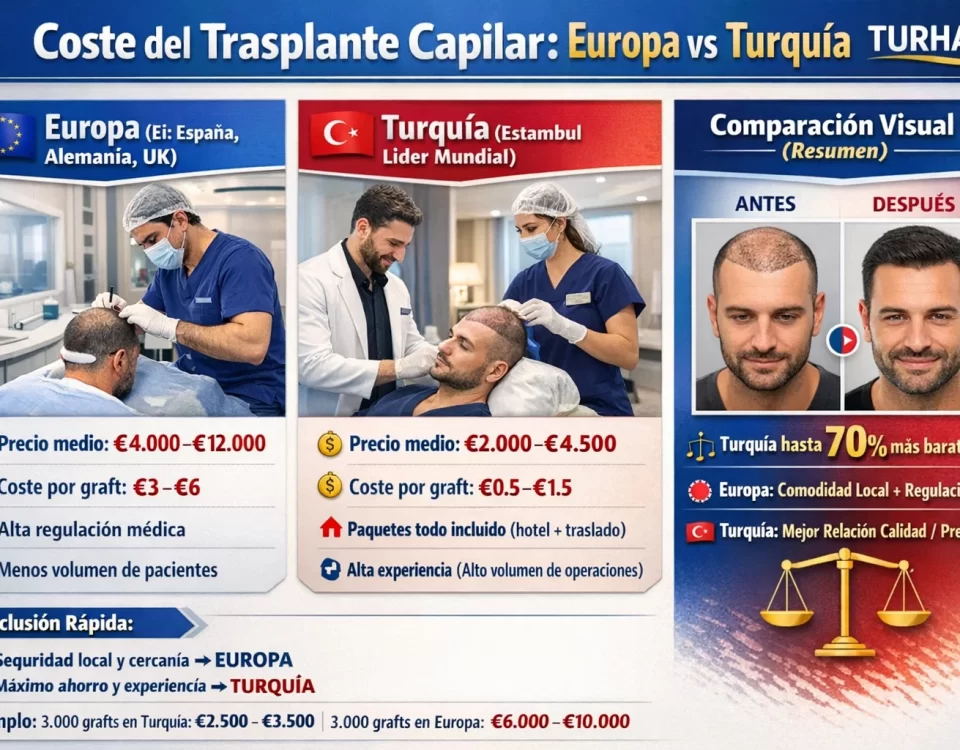 Coste del trasplante capilar en Europa vs Turquía comparación precios Turquía más barato TURHAIR