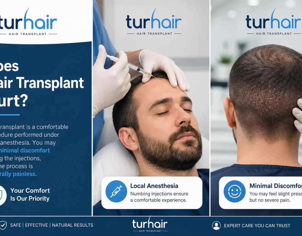 Does hair transplant hurt infographic by Turhair showing local anesthesia process and minimal pain during hair transplant procedure