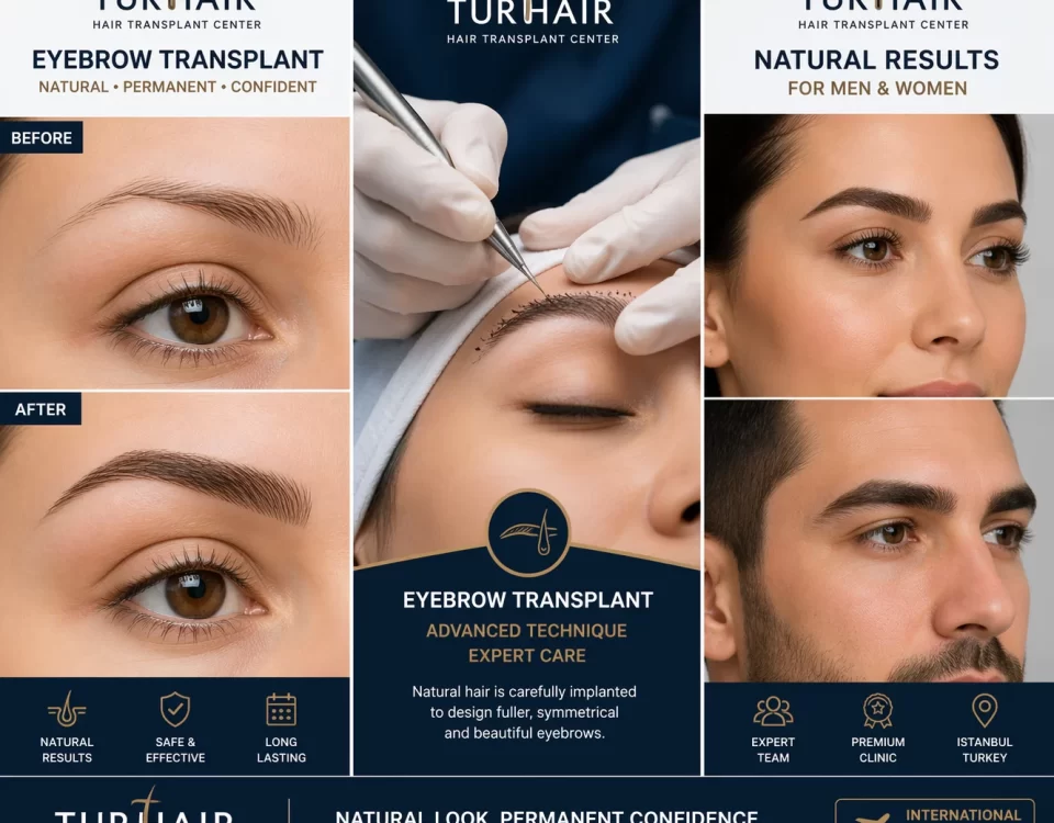 Eyebrow transplant before and after results in Turkey at Turhair clinic showing natural permanent eyebrows