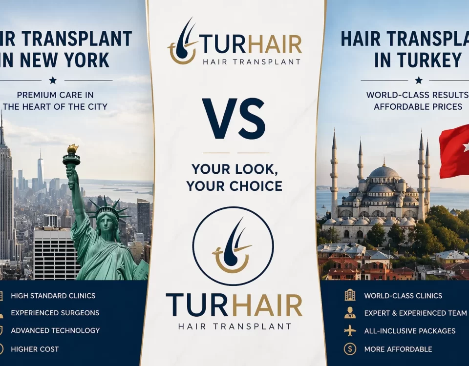 Hair transplant comparison between New York and Turkey showing cost differences, clinic quality and TURHAIR services