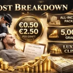 Hair transplant Turkey price per graft cost breakdown 2026 showing €0.50 to €2.50 per graft, all-inclusive packages, 5000 grafts and luxury clinic services