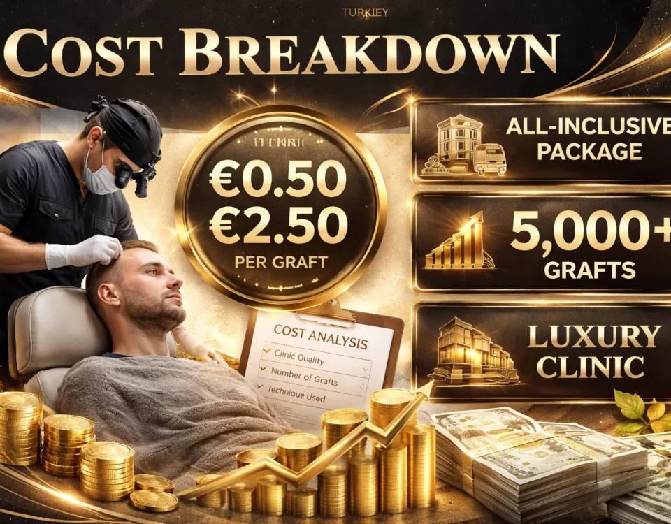 Hair transplant Turkey price per graft cost breakdown 2026 showing €0.50 to €2.50 per graft, all-inclusive packages, 5000 grafts and luxury clinic services
