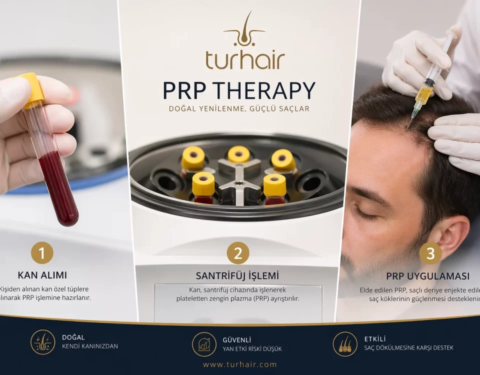 PRP Therapy hair treatment at Turhair clinic – blood collection centrifuge process and scalp injection for hair loss treatment