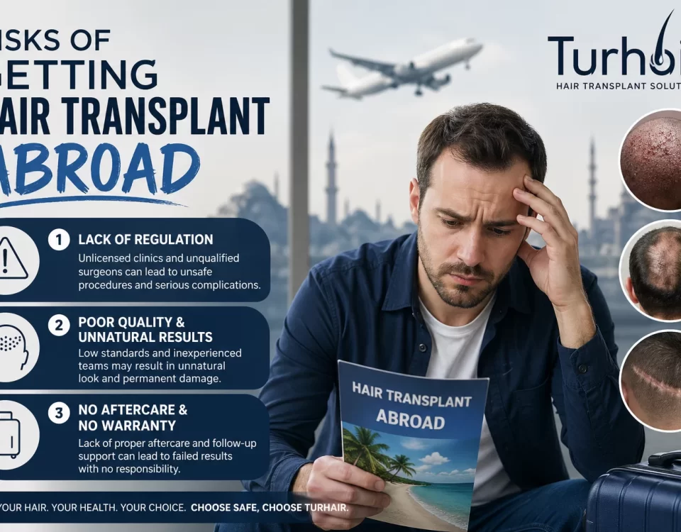 Risks of getting hair transplant abroad – Turhair clinic safe hair transplant warning infographic