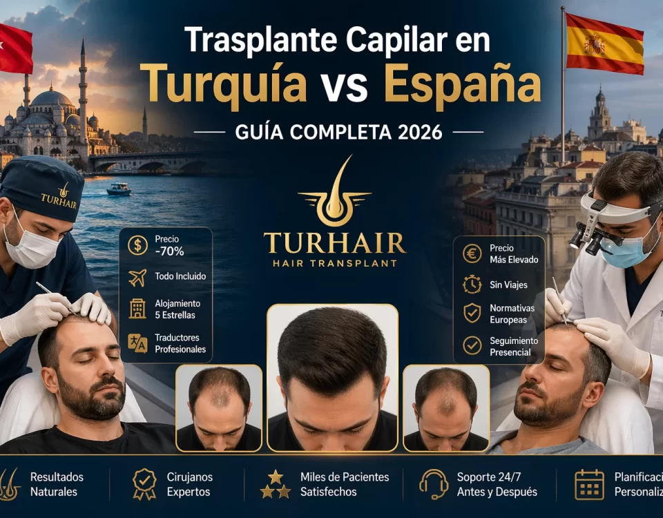 Comparativa de trasplante capilar en Turquía vs España 2026 con Turhair, precios, resultados y técnicas FUE