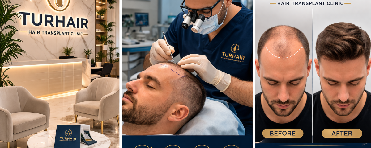 Turhair hair transplant clinic before and after results doctor performing hair transplant procedure modern clinic interior