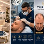 Turhair hair transplant clinic before and after results doctor performing hair transplant procedure modern clinic interior
