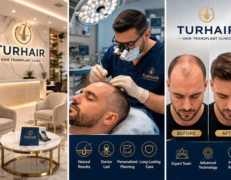 Turhair hair transplant clinic before and after results doctor performing hair transplant procedure modern clinic interior