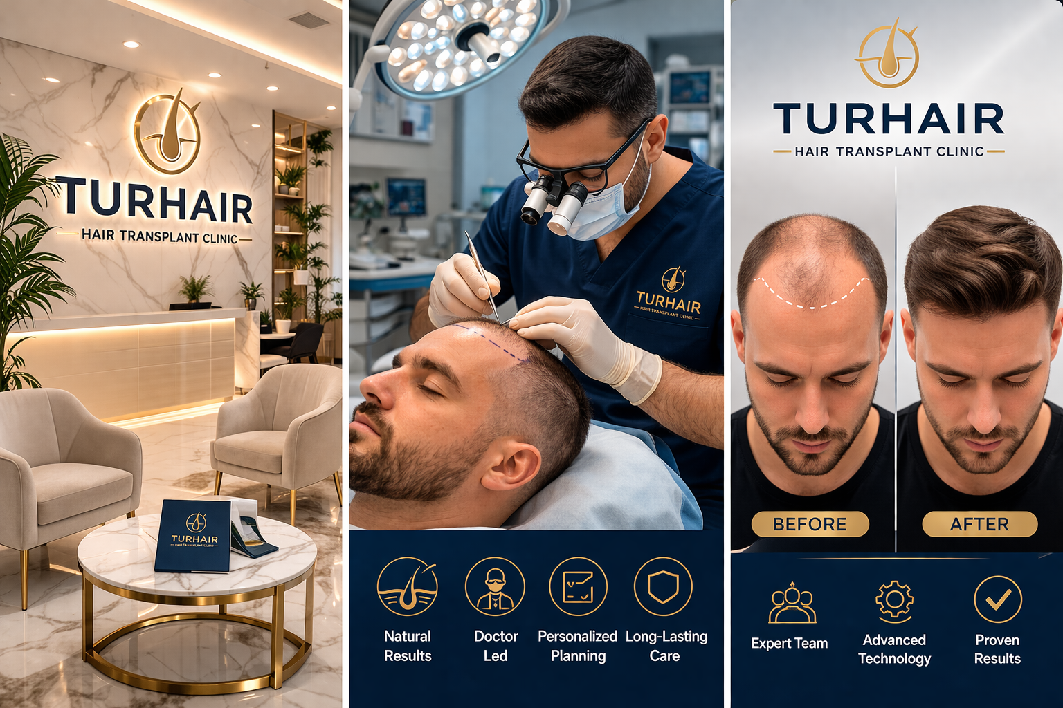 Turhair hair transplant clinic before and after results doctor performing hair transplant procedure modern clinic interior