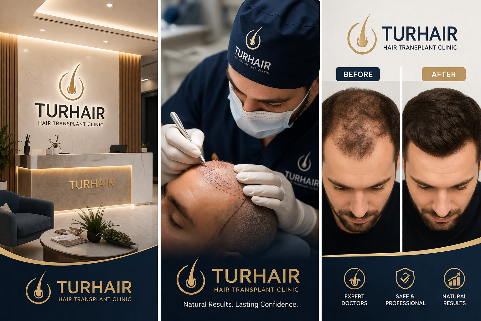 Turhair doctor performing hair transplant procedure with modern medical equipment and clinic branding