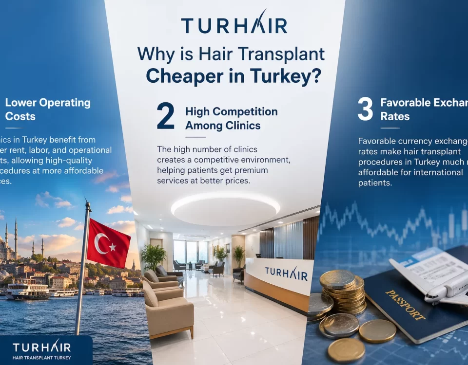 Turhair hair transplant Turkey infographic showing lower costs, clinic competition, and favorable exchange rates