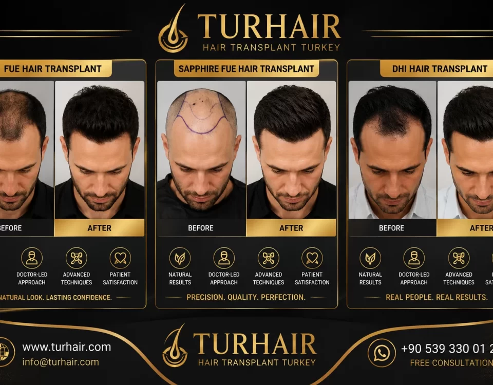 Affordable Hair Transplant Turkey before and after results at TurHair featuring FUE, Sapphire FUE, and DHI hair transplant procedures performed with doctor-led planning by Dr. Demir.