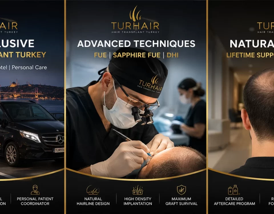 All Inclusive Hair Transplant Turkey package by TurHair featuring VIP airport transfer, luxury accommodation, advanced FUE Sapphire FUE DHI techniques, and natural hair transplant results in Istanbul.