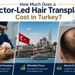 Doctor-led hair transplant cost in Turkey showing surgeon performing hair transplant procedure in Istanbul with before and after hair restoration results.