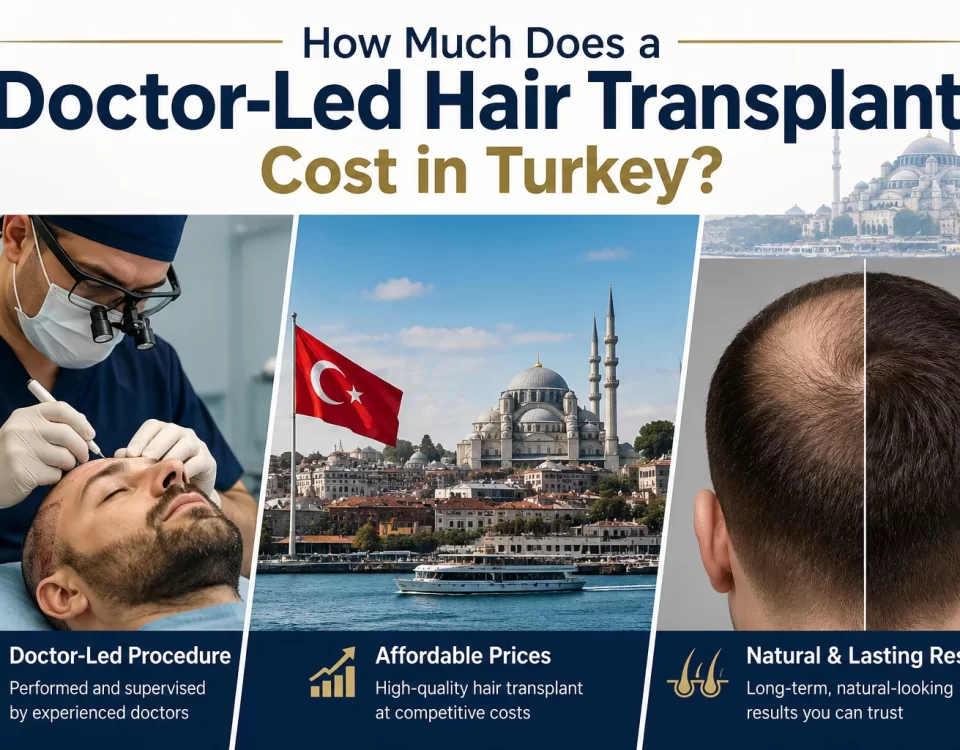 Doctor-led hair transplant cost in Turkey showing surgeon performing hair transplant procedure in Istanbul with before and after hair restoration results.