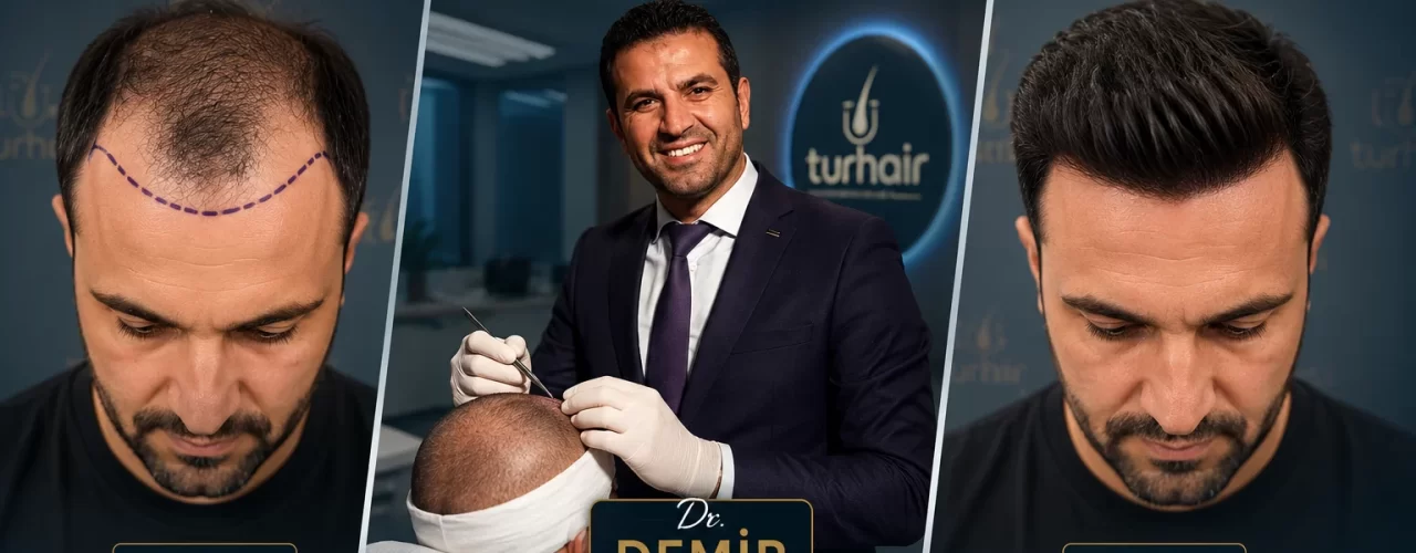 Dr. Demir performing a doctor-led hair transplant procedure at Turhair Clinic in Turkey with before and after hair transplant results.