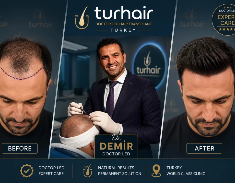 Dr. Demir performing a doctor-led hair transplant procedure at Turhair Clinic in Turkey with before and after hair transplant results.