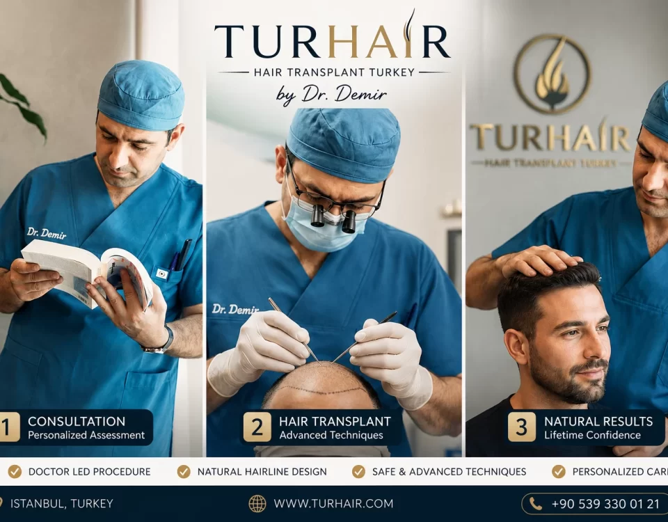 Doctor-led hair transplant in Turkey performed by Dr. Demir at TurHair, featuring consultation, channel opening, and natural hair restoration results.