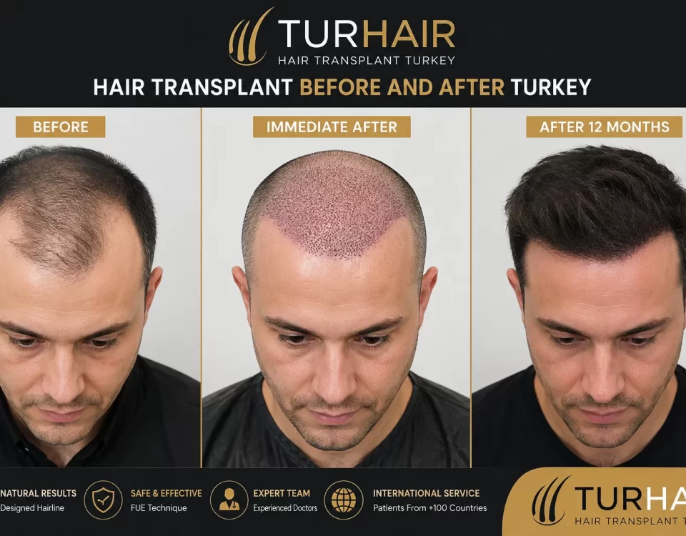 Hair Transplant Before and After Turkey by TurHair showing before surgery, immediate post-operation results, and 12-month hair growth transformation.