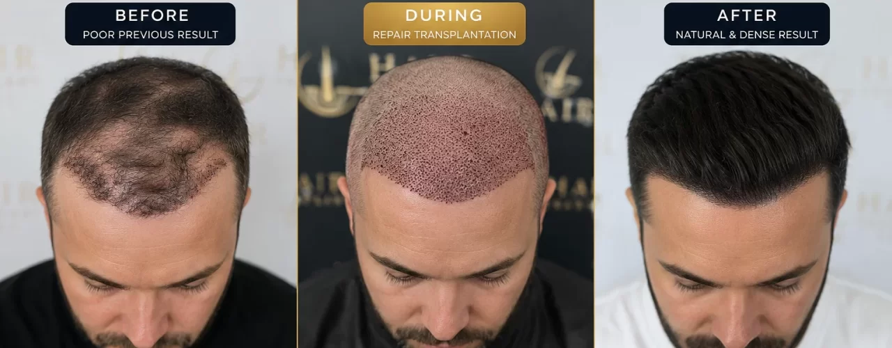 Hair Transplant Repair Turkey before and after results showing failed hair transplant correction and natural hairline restoration at TurHair Istanbul.