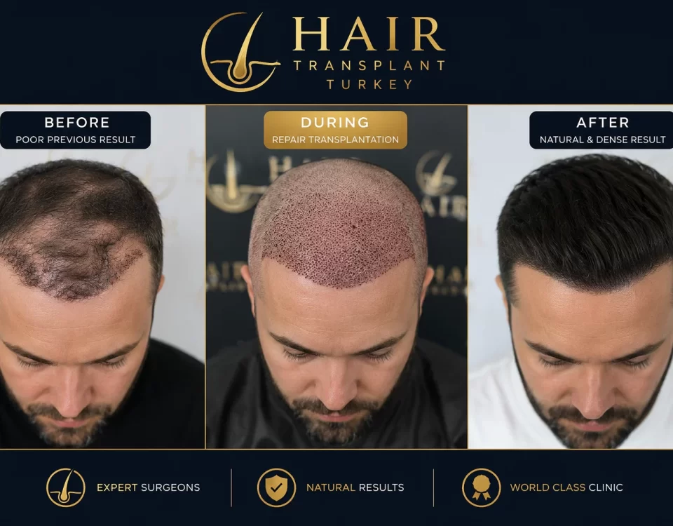 Hair Transplant Repair Turkey before and after results showing failed hair transplant correction and natural hairline restoration at TurHair Istanbul.