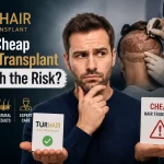 Patient comparing cheap hair transplant risks and professional doctor-led hair transplant services at Turhair Turkey.