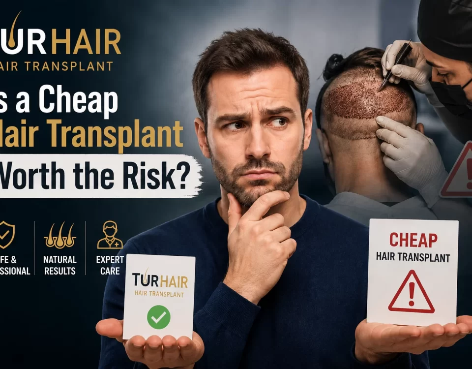 Patient comparing cheap hair transplant risks and professional doctor-led hair transplant services at Turhair Turkey.