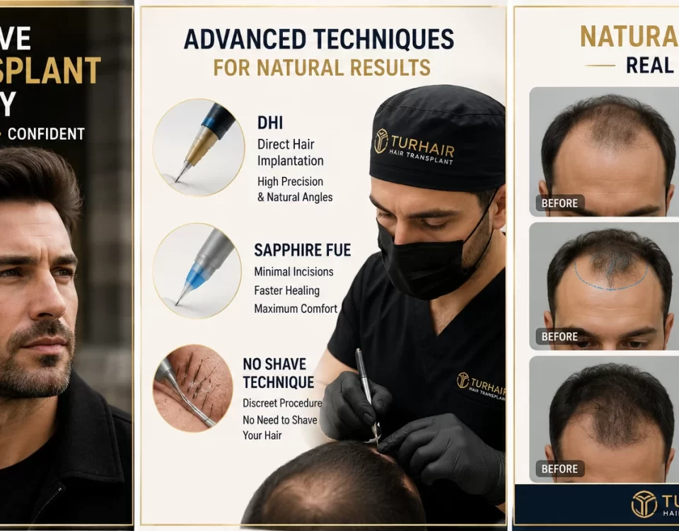 No Shave Hair Transplant Turkey before and after results at TurHair with natural hairline design and doctor-led hair transplant procedure.