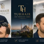 Technician performing hair transplant procedure in Turkey at TurHair clinic with patient before and after hair restoration results.