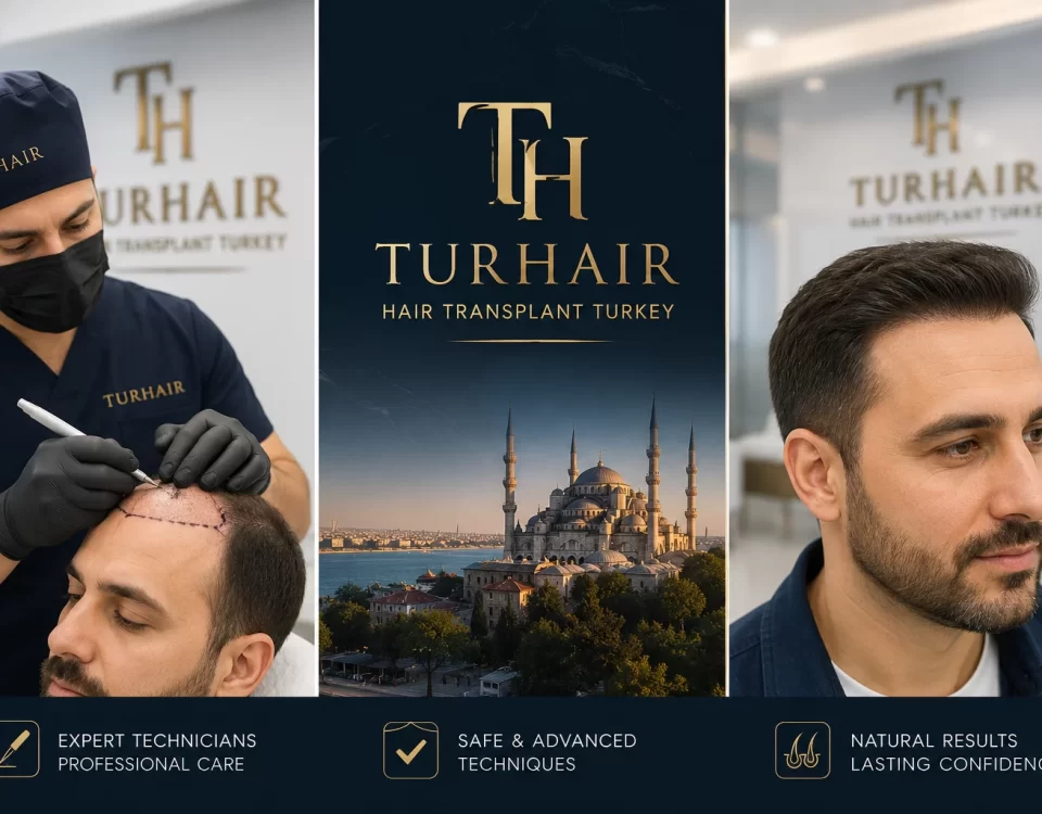 Technician performing hair transplant procedure in Turkey at TurHair clinic with patient before and after hair restoration results.