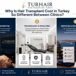Why Is Hair Transplant Cost in Turkey So Different Between Clinics infographic showing surgeon expertise, clinic technology, and service packages by TurHair Turkey