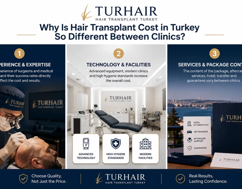 Why Is Hair Transplant Cost in Turkey So Different Between Clinics infographic showing surgeon expertise, clinic technology, and service packages by TurHair Turkey