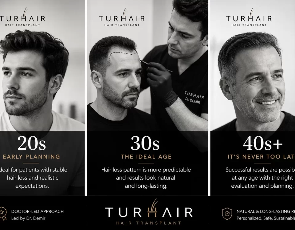Best age for hair transplant comparison showing patients in their 20s, 30s and 40s with doctor-led planning at TurHair.