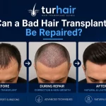 Can a bad hair transplant be repaired? Before, repair procedure, and after results at TURHAIR Hair Transplant Clinic in Turkey.