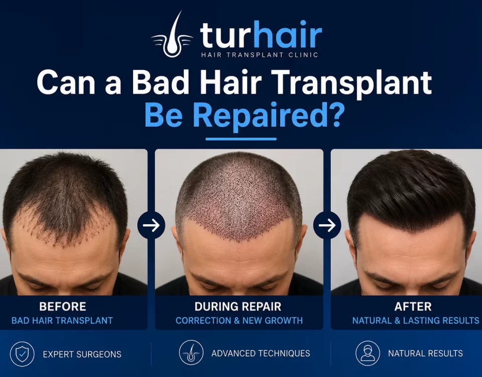 Can a bad hair transplant be repaired? Before, repair procedure, and after results at TURHAIR Hair Transplant Clinic in Turkey.