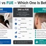 DHI vs FUE hair transplant comparison showing the differences between DHI and FUE techniques in 2026.