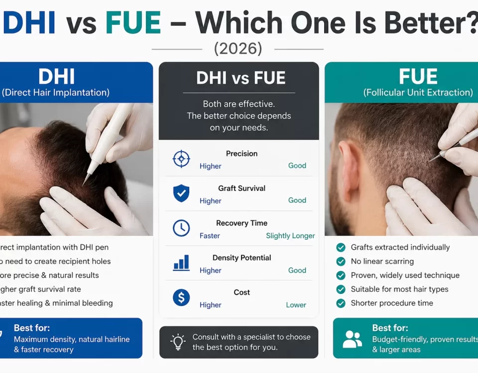 DHI vs FUE hair transplant comparison showing the differences between DHI and FUE techniques in 2026.