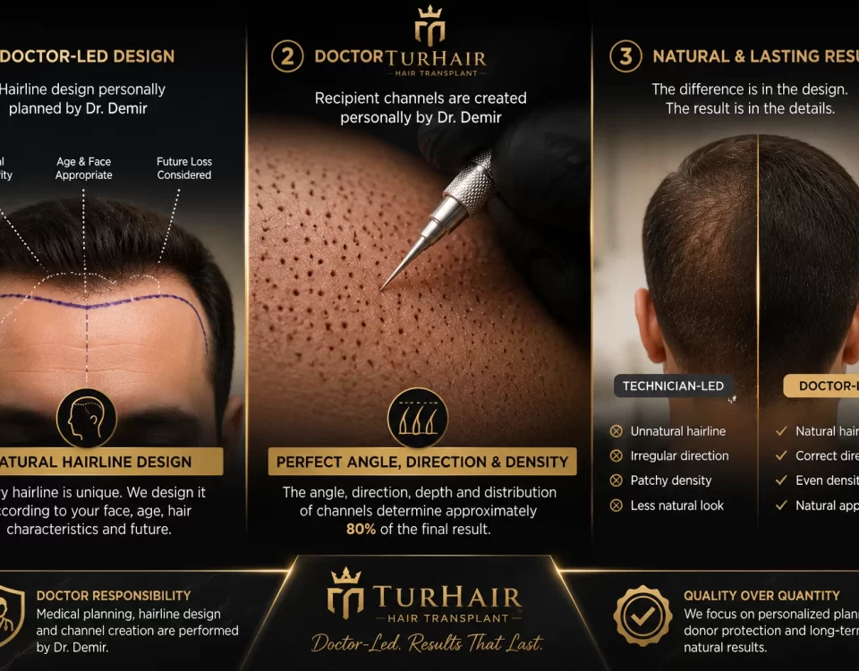 Doctor vs Technician Hair Transplant comparison infographic by TurHair showing doctor-led hairline design, recipient channel creation and natural hair transplant results.