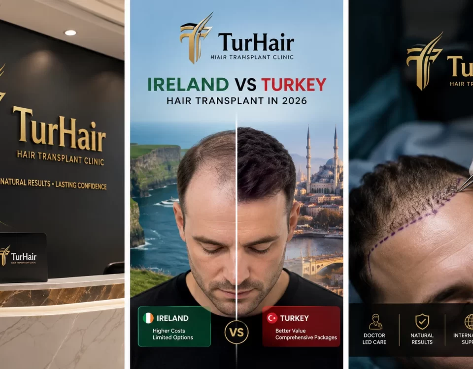 Hair Transplant in Ireland vs Turkey (2026) comparison showing TurHair's doctor-led FUE hair transplant, natural hairline design, affordable prices and all-inclusive packages in Istanbul, Turkey.