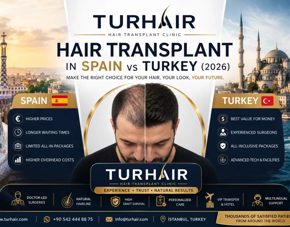 Hair Transplant in Spain vs Turkey (2026) comparison by TurHair Clinic showing cost, quality, surgeon experience, and before-and-after hair restoration results.