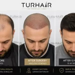 Hair Transplant Turkey Before and After by TurHair showing natural hairline restoration and 12-month results