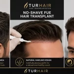 No-Shave FUE hair transplant at TurHair showing graft extraction without shaving, natural hairline implantation, and the final natural-looking result.