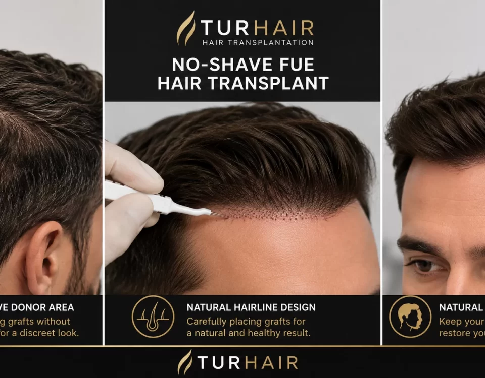 No-Shave FUE hair transplant at TurHair showing graft extraction without shaving, natural hairline implantation, and the final natural-looking result.