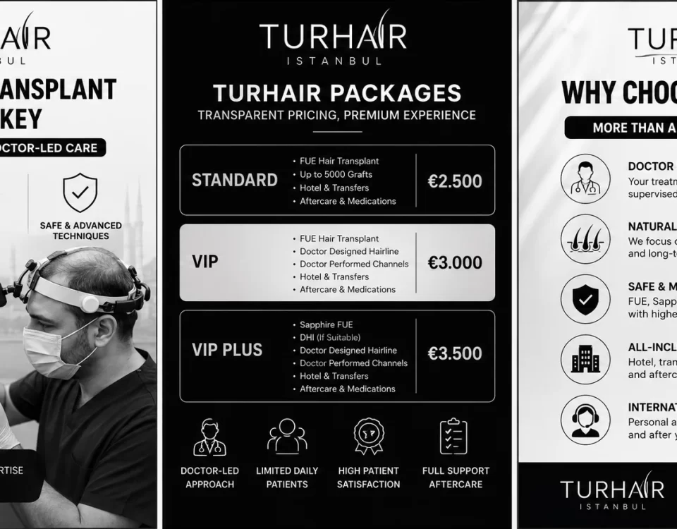 Best hair transplant in Turkey price 2026 – TurHair Istanbul doctor-led FUE, Sapphire FUE and DHI hair transplant packages