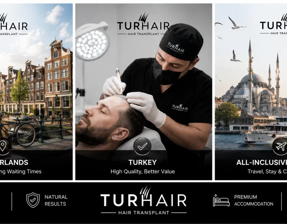 Hair transplant comparison between the Netherlands and Turkey showing costs, doctor-led treatment, all-inclusive packages and TurHair clinic in Istanbul.