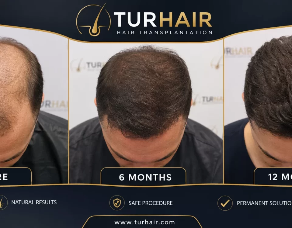 Hair transplant Turkey before after results at TurHair Istanbul showing before, 6 months and 12 months hair growth